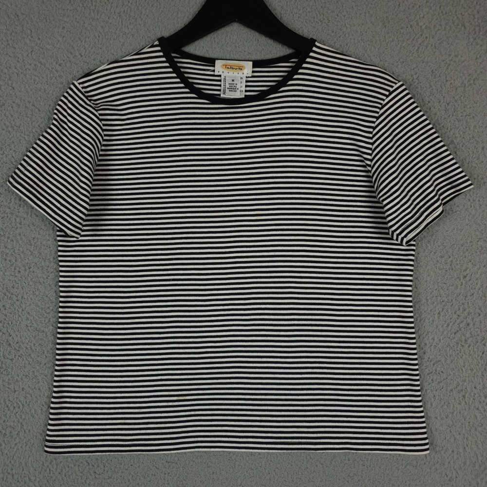 Vintage Talbots Shirt Womens MP Black White Striped Crew Neck Tee Casual FLAW